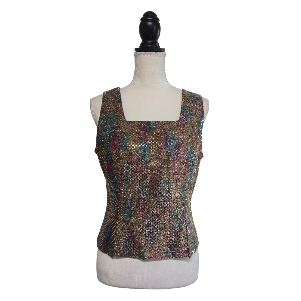 80s Gold Sparkle Pink Blue Sequin Sleeveless Top Size 10 Glam Holiday New Year's